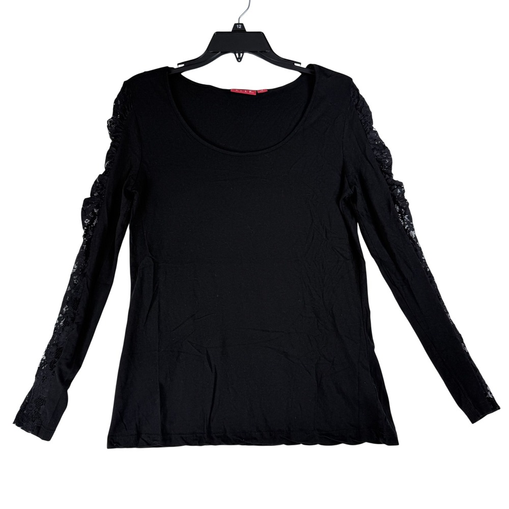 Elle Top Women Medium Black Lace Sleeve Pima Cotton Scoop Neck Coquette Romantic